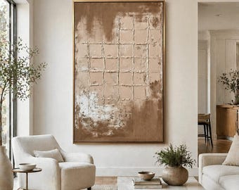 Neutraal geometrisch abstract olieverfschilderij | Beige muurkunst met textuur | Modern minimalistisch canvas