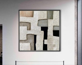 Minimalistische geometrische muurkunst | Modern beige canvaskunstwerk | Sculpturale, eigentijdse inrichting