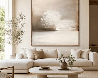 Neutraal abstract olieverfschilderij | Beige canvaskunst met textuur, decor Wabi Sabi