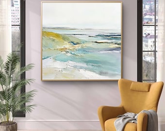 Pintura al óleo abstracta de paisaje marino / Paisaje nórdico en tonos verde salvia y azul verdoso / Arte mural de playa con textura