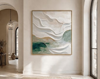 Getextureerd saliegroen olieverfschilderij | Abstracte canvaskunst golf impasto