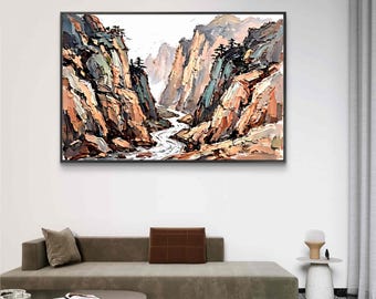 Abstract Mountain Oil Painting | Textured Canyon River Landscape | Earthy Nature Wall Decor