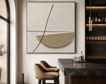 Abstract Textured Painting | Gold and Beige Minimalist Art | 3D Sculptural Canvas | Original White Plaster Art
