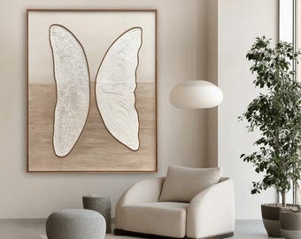 Organische muursculptuur | Neutraal abstract olieverfschilderij | Minimalistisch organisch decor | Japandi beige canvas