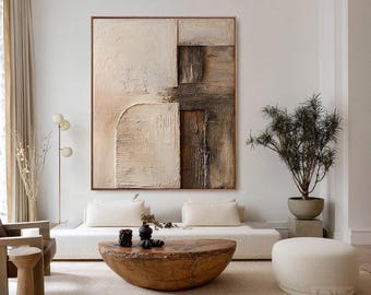 Neutraal abstract oliedecor | Wabi Sabi-muurkunst | Modern minimalistisch canvas | Beige aardeschilderij