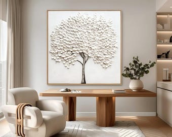 Modern Minimalist Decor | Textured Tree Wall Art | Neutral Nature Canvas | 3D Floral Tree Painting