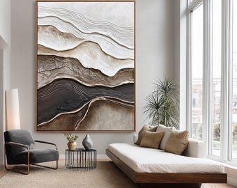Landschapsschilderij met textuur | Impasto-canvaskunst in neutrale aardetinten