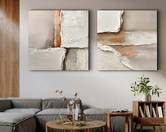 Getextureerd beige wit tweeluik olieverfschilderij | Modern abstract muurdecor