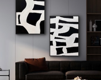 Modern Neutral Wall Decor | Large Contemporary Diptych | Black and White Abstract Oil Painting Set