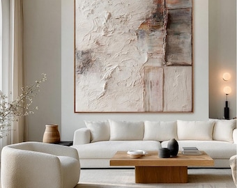 Groot gestructureerd abstract olieverfschilderij | Neutrale Wabi-Sabi-muurkunst | Originele impasto-canvaskunst