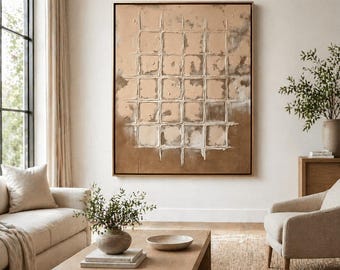Groot abstract rasterolieverfschilderij | Minimalistische neutrale canvaskunst | Japandi Wabi Sabi Impasto-kunstwerk