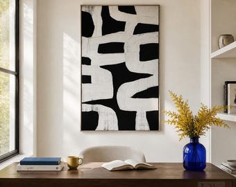 Zwart-wit abstract olieverfschilderij | Minimalistische canvaskunst met textuur | Modern geometrisch muurdecor
