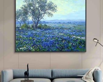 Pintura al óleo original de lupinos azules / Arte mural de paisaje texano con textura