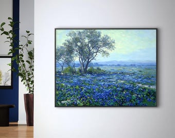 Origineel Bluebonnet-olieverfschilderij | Getextureerde landschapsmuurkunst Texas