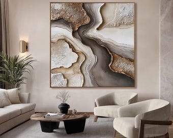 Getextureerd abstract olieverfschilderij | 3D-muurkunst bladgoud, aardetinten canvas