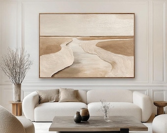 Neutraal abstract kustolieverfschilderij | Minimalistische strandlandschapskunst | Getextureerd beige zeegezichtcanvas