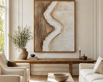 Getextureerd abstract kustschilderij | Neutrale beige canvaskunst zeegezicht