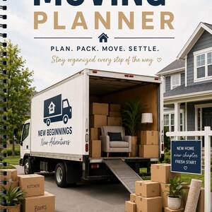 May include: A spiral-bound moving planner with a cover featuring a white moving truck loaded with cardboard boxes and furniture. The text reads THE ULTIMATE MOVING PLANNER, PLAN. PACK. MOVE. SETTLE., and includes icons for organisation, time, packing, and stress reduction.