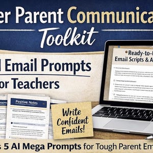 May include: A laptop displays "Ready-to-Use Email Scripts & AI Prompts" with a pen resting on the surface. The image also shows printed materials labeled "Academic", "Accata", and "Positive Notes". Text reads "Teacher Parent Communication Toolkit" and "60 AI Email Prompts for Teachers".