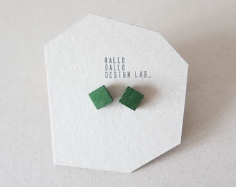 Metallic green square geometric minimalist small earrings. Unisex Contemporary & Modern Architectural Jewelry. With silver stud. Handmade