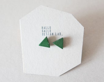 Triangle metallic green minimalist geometric  small silver stud earrings contemporary modern simple jewellery design in Berlin