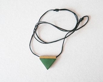 Metallic Green Triangle Geometric Minimalist Necklace Unisex Contemporary & Modern Architectural Jewelry With natural cotton string Handmade