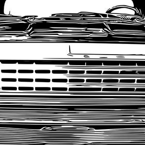 May include: Black and white line art illustration of a classic car's front end. The image highlights the grille, headlights, and bonnet of the vintage vehicle. The design emphasises the car's iconic features and vintage aesthetic.