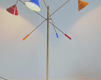 Mid Century Modern Brass Floor Lamp, Adjustable Cone Shades & Marble Base