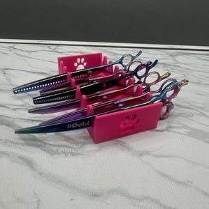 Op de afbeelding: Een set regenboogkleurige trimschaar voor huisdieren in een roze houder. De scharen hebben verschillende bladstijlen en zijn gerangschikt in een roze standaard met pootafdrukontwerpen. De tekst "bBold" is zichtbaar op een schaar.