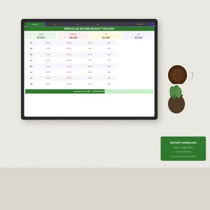 May include: A digital tablet shows a financial spreadsheet labelled "IRREGULAR INCOME BUDGET TRACKER." The spreadsheet displays income, expenses, and tax data. A cup of coffee and a green rectangle with "INSTANT DOWNLOAD" are also visible.
