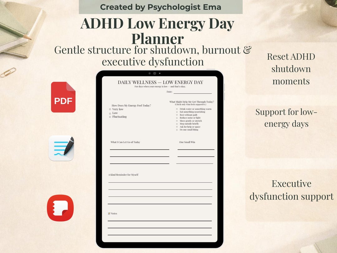 ADHD Low Energy Day Planner | Burnout Recovery, Nervous System Reset ...