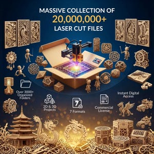 Puede incluir: Un anuncio de archivos de corte láser. La imagen presenta varios diseños de corte láser de madera, incluyendo paneles decorativos, formas geométricas y figuras en miniatura. El texto dice "MASSIVE COLLECTION OF 20,000,000+ LASER CUT FILES". El texto adicional incluye "Más de 3000+ carpetas organizadas".