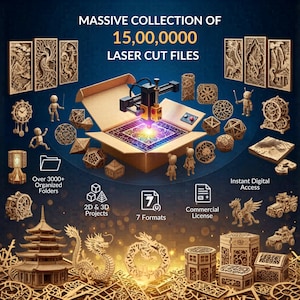 May include: An advertisement showcasing a massive collection of laser cut files. The image features various wooden laser cut projects, including decorative boxes, figurines, and architectural models. Text on the image includes "Massive Collection of 15,00,0000 Laser Cut Files", "Over 3000+ Organized Folders", and "2D & 3D Projects".