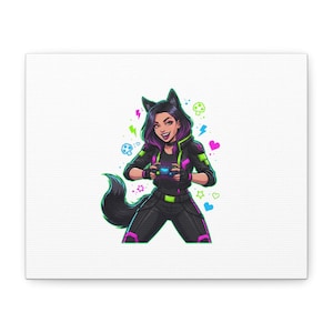 May include: A canvas print featuring a vibrant illustration of a character with wolf ears and a tail, holding a game controller. The character wears a black outfit with neon green and purple accents, surrounded by colorful graphics like hearts and lightning bolts.