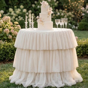 Op de afbeelding: Een witte bruidstaart met drie lagen en bloemdecoraties staat op een ronde tafel bedekt met crèmekleurige, gelaagde stof. Drie kristallen kandelaars met brandende kaarsen en champagneglazen staan ook op de tafel.