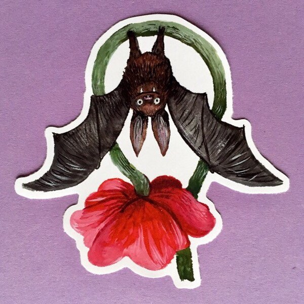 Bat Hanging Upside Down From Poppy Flower - Large Vinyl Sticker