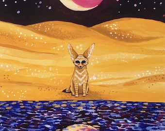 Reflection Illustration - A4 Fennec Fox Digital Art Print - Fox in Nighttime Desert Scene