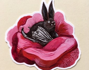 Bat Resting in a Red Poppy Flower Large Vinyl Sticker