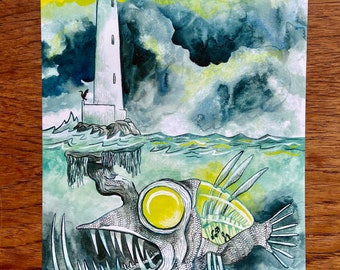 Monster of the Deep - Lighthouse Angler Fish A4 art print