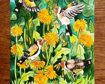 Goldfinches eating Dandelions A4 digital art print