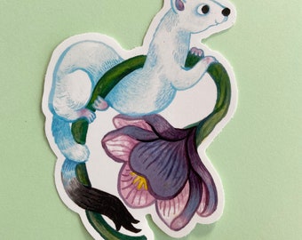 Ermine weasel clinging to a crocus flower sticker