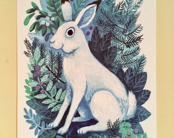 Winter Mountain Hare A5 Art Print - White Rabbit Illustration
