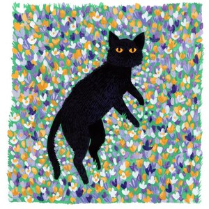 Black Cat Illustration - Cat Among The Crocuses - Square Digital Art Print