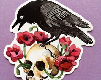 Crow, Skull and Flowers Large Vinyl Sticker