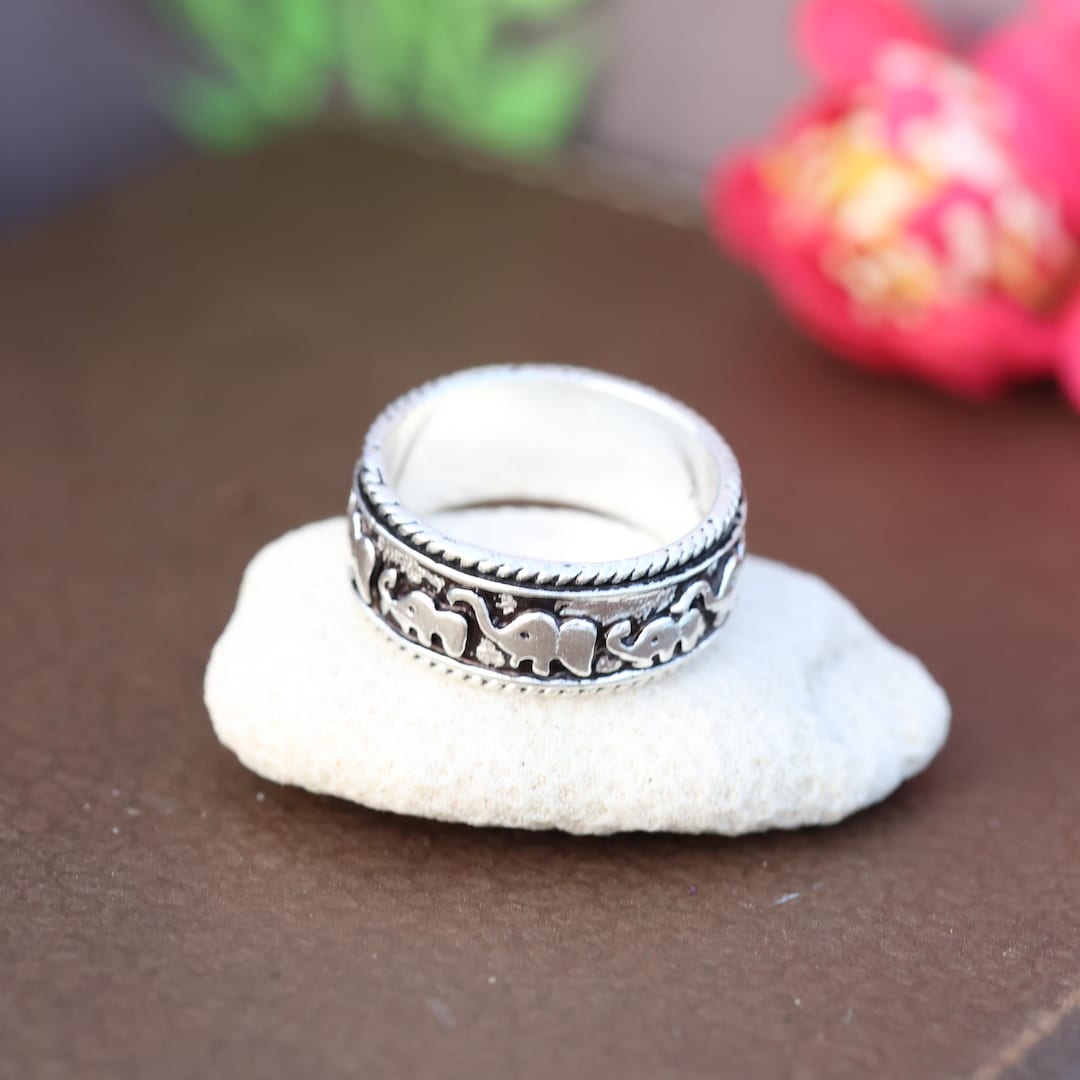 Sterling Silver Elephant Spinner Ring – Wide Meditation Band, Boho ...