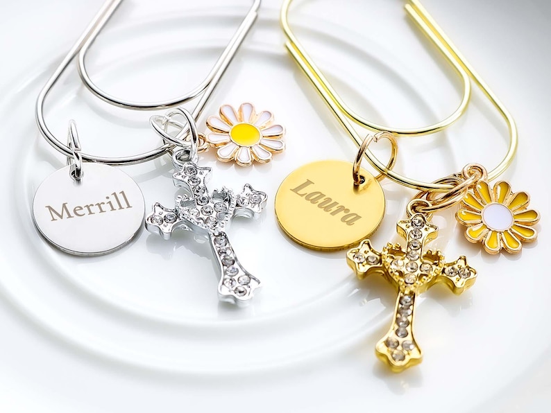 Personalized Engraved Mini Paper Clip With Metal Cross and Daisy Charm ...