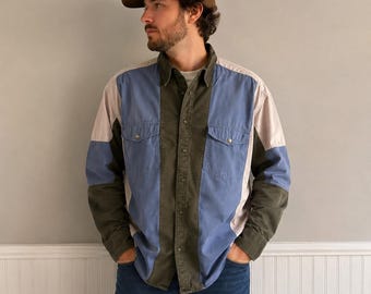 Koszula kowbojska Vintage Wrangler w stylu western XL, w bloki kolorów, niebiesko-szaro-oliwkowa, zapinana na zatrzaski z przodu, męska, rozmiar XL, 100% bawełny, z nadrukiem Y2K