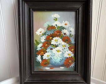 Vintage 1960s Mexican Oil Painting Floral Still Life Framed Mid Century Wall Art 8  X 10