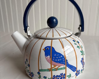 Vintage White Enamel Tea Kettle Pot with Blue Bird Cage Design, Retro Kitchen Decor