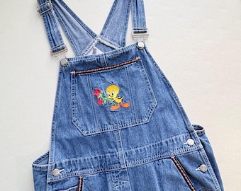 Vintage 90s Tweety Bird Embroidered Denim Overalls | Y2K Looney Tunes Cartoon Core Dungarees with Rose Embroidery |Size Small